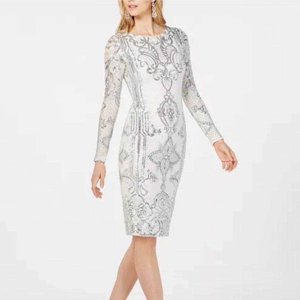 Betsy & Adam Long Sleeve Dress Sequin Silver White Fitted Stretchy 14 Cocktail